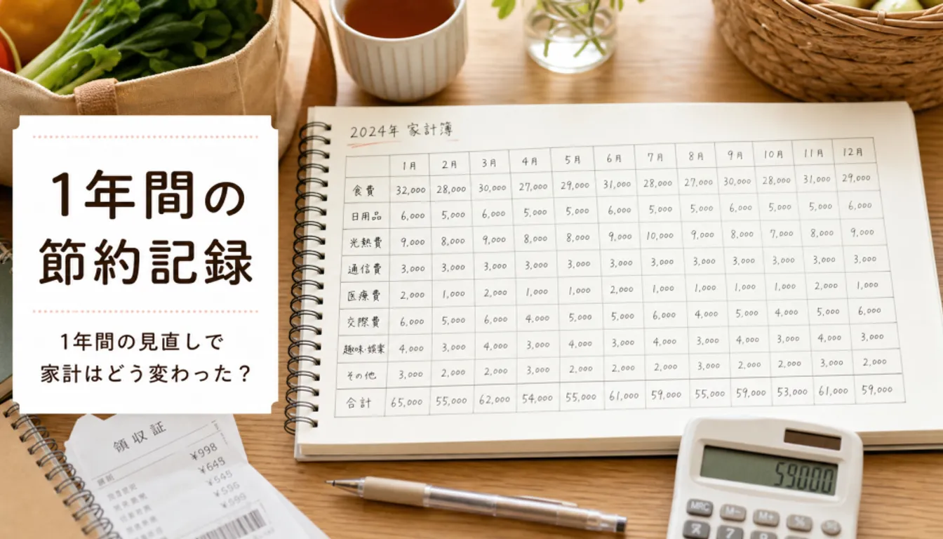 1年分の記録が書き込まれた家計簿と電卓