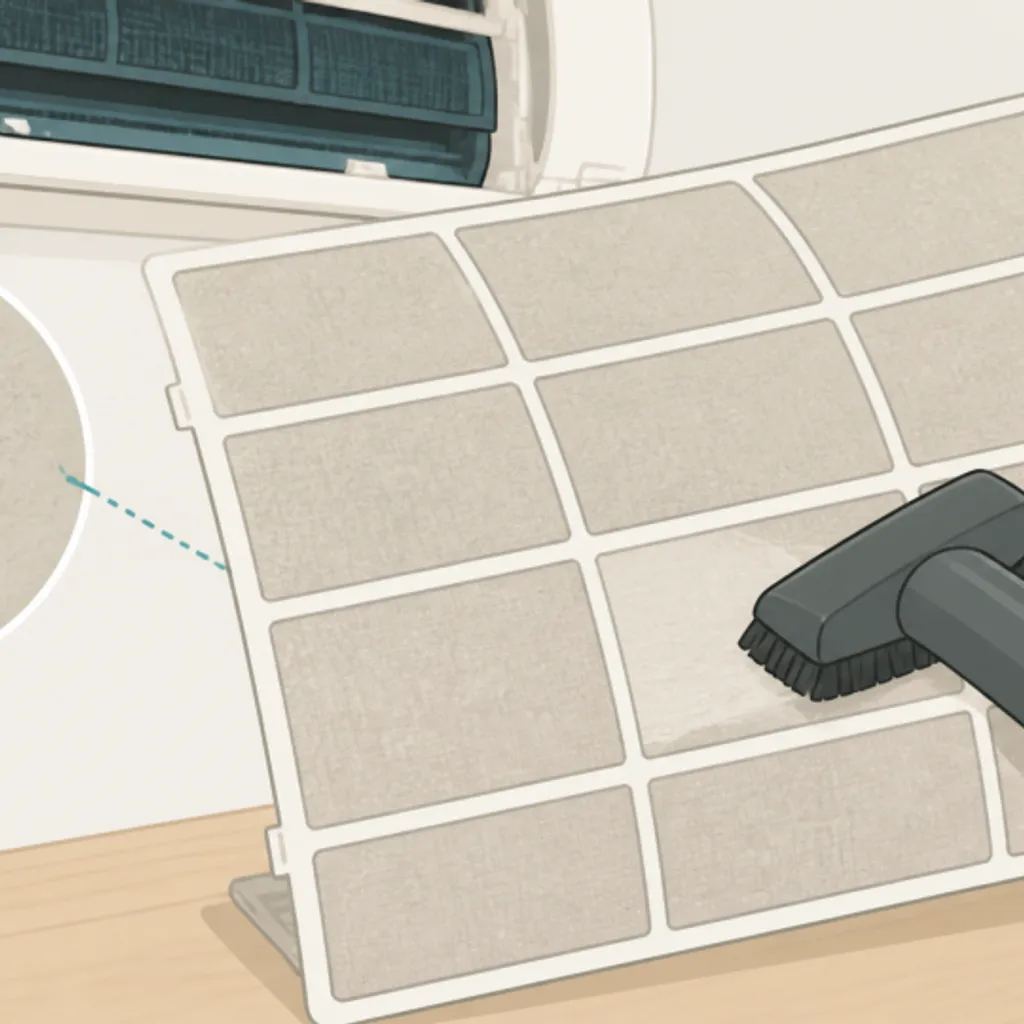 取り外したエアコンフィルターを掃除機で吸う様子