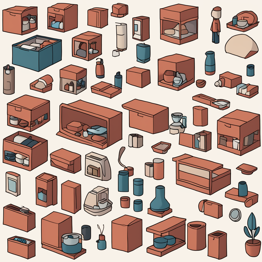 assorted household items sorted into separate boxes