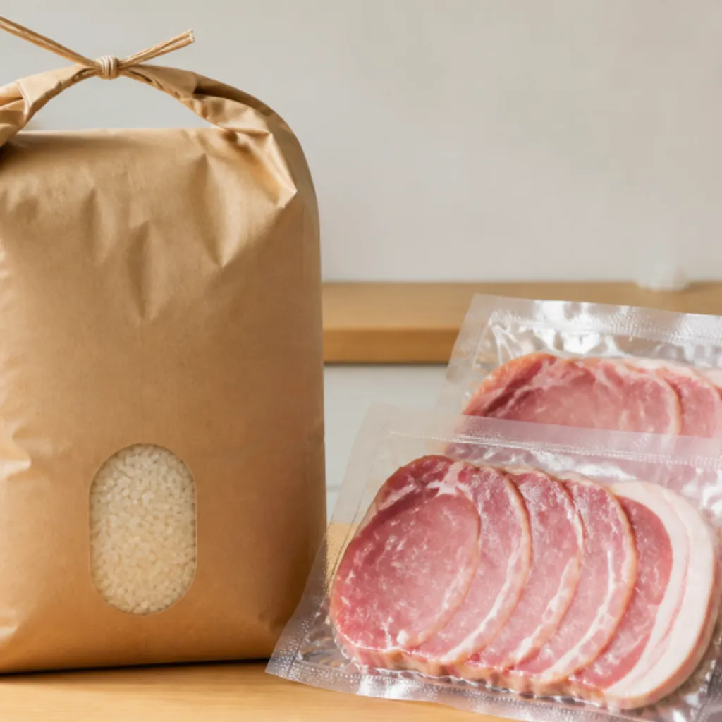 返礼品の5kgのお米と小分けの冷凍肉パック