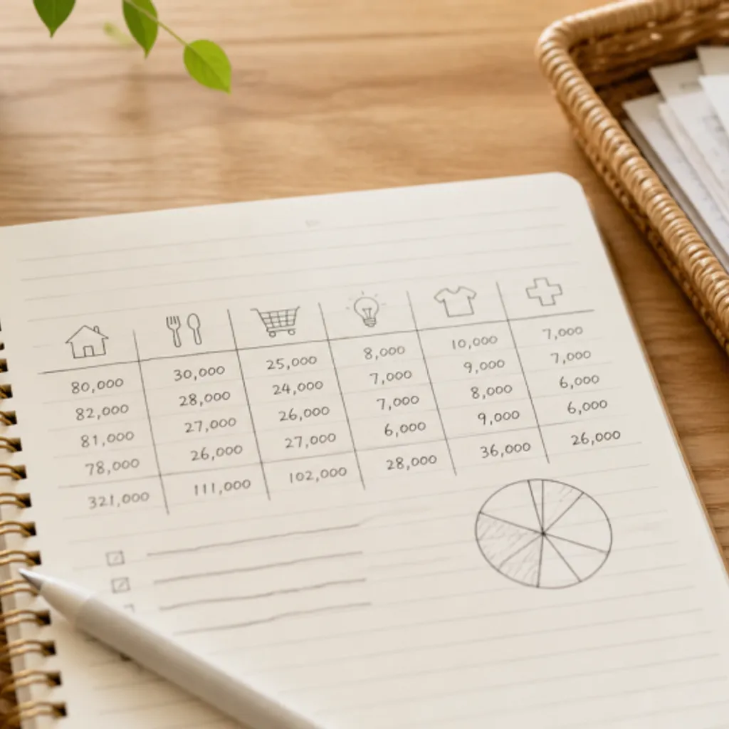 レシートと電卓を添えた手書きの家計簿ノート