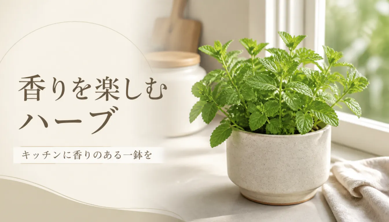 キッチンの窓辺に置かれたミントの鉢植え