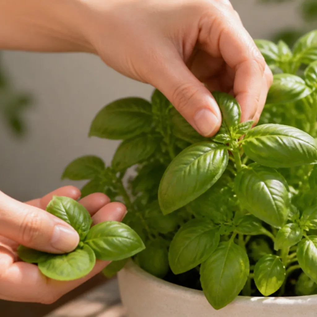 鉢植えのバジルの葉を手で摘むところ