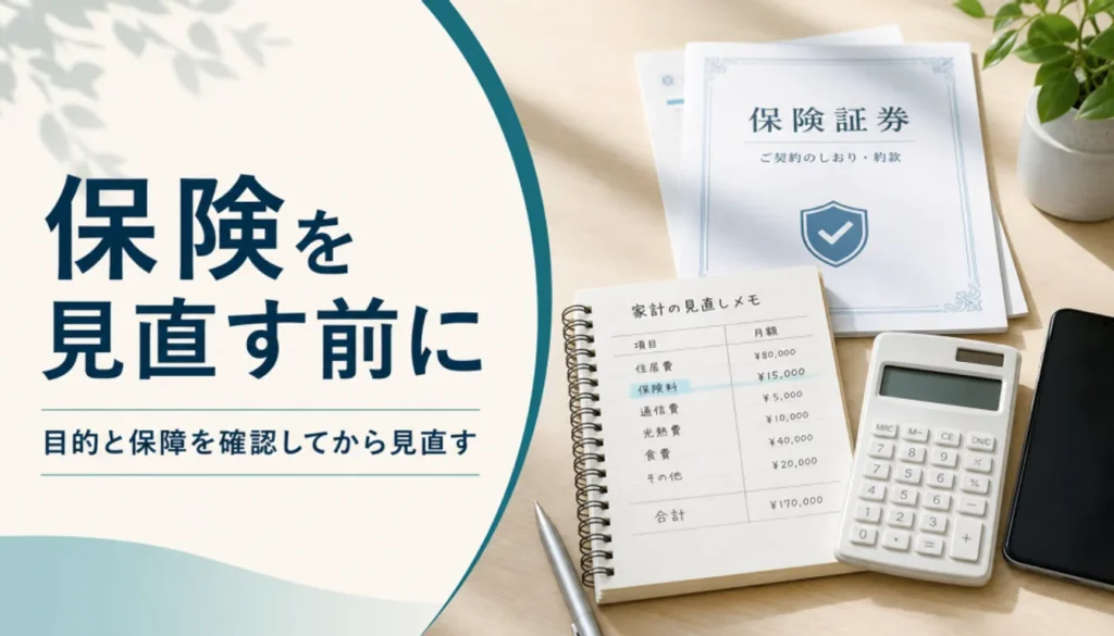 保険証券と家計簿、電卓を並べて保険料を確認する様子