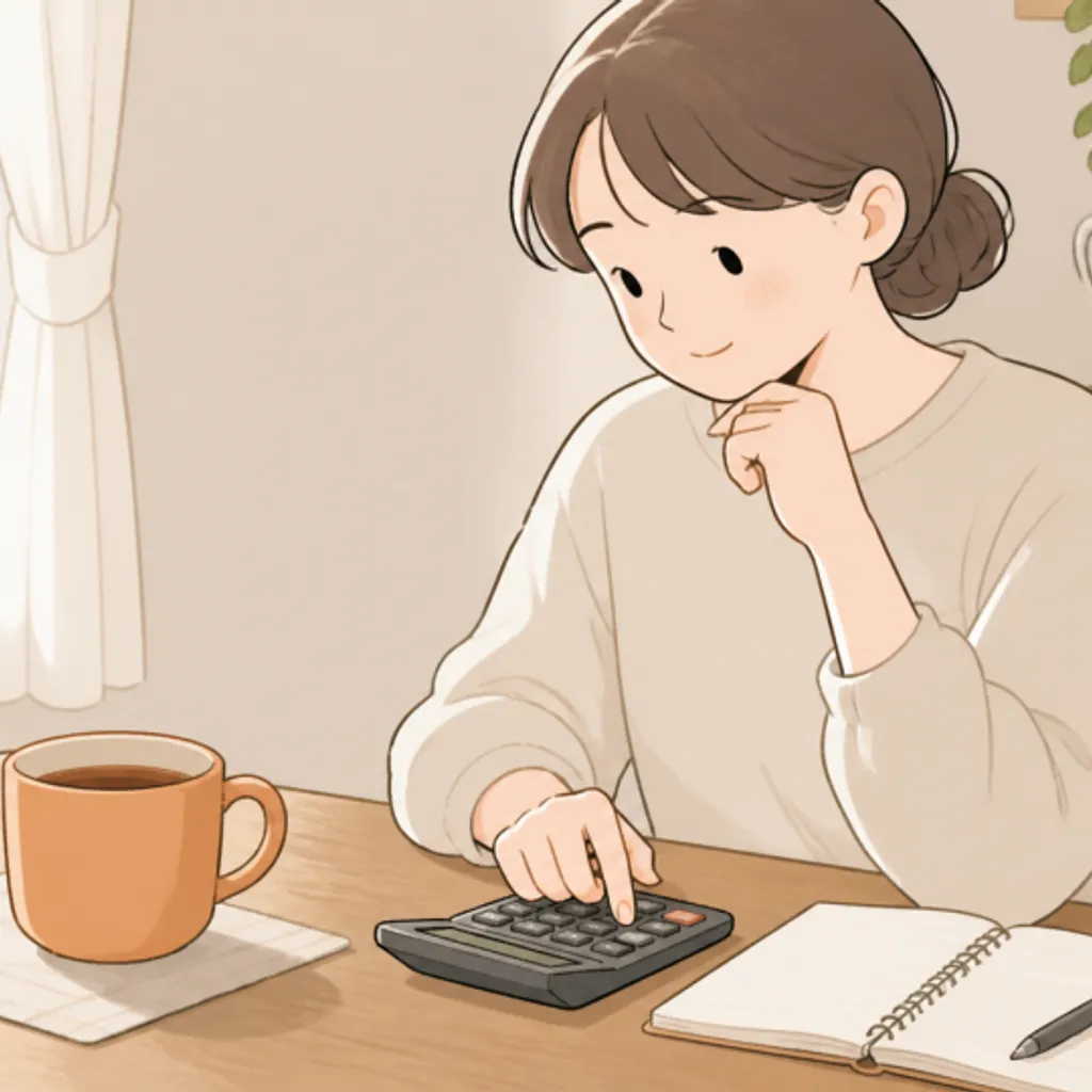 マグカップと電卓を置いた落ち着いた食卓の一角