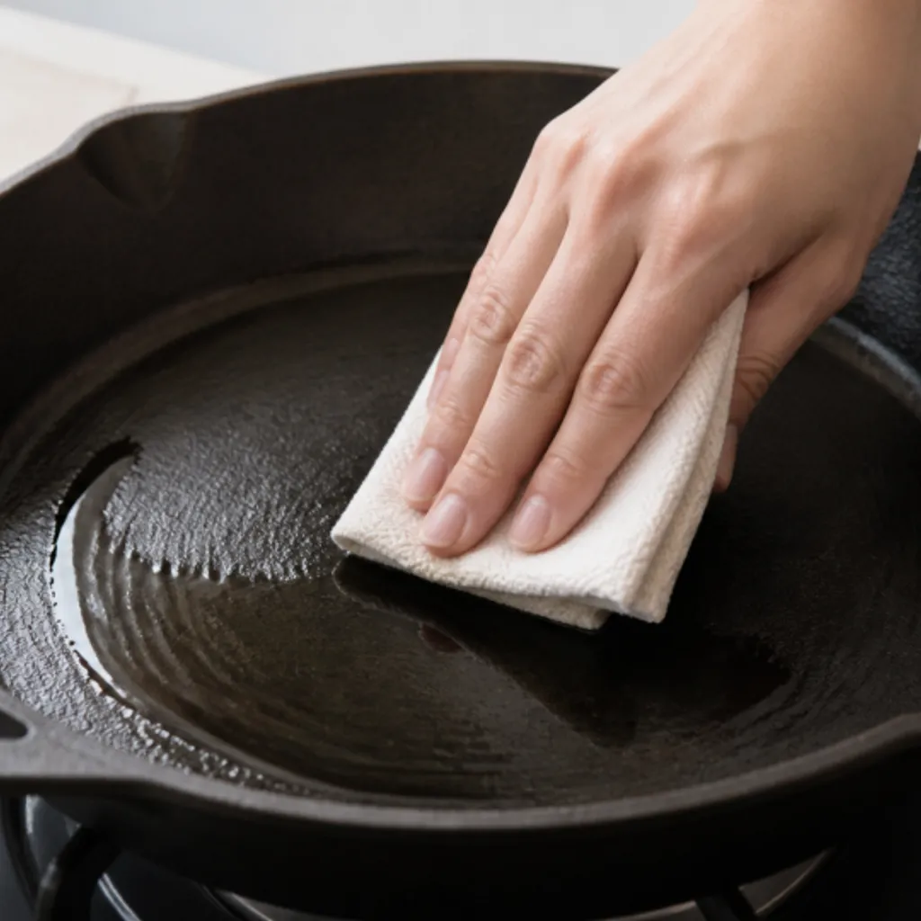 布で鉄フライパンに油をなじませている様子