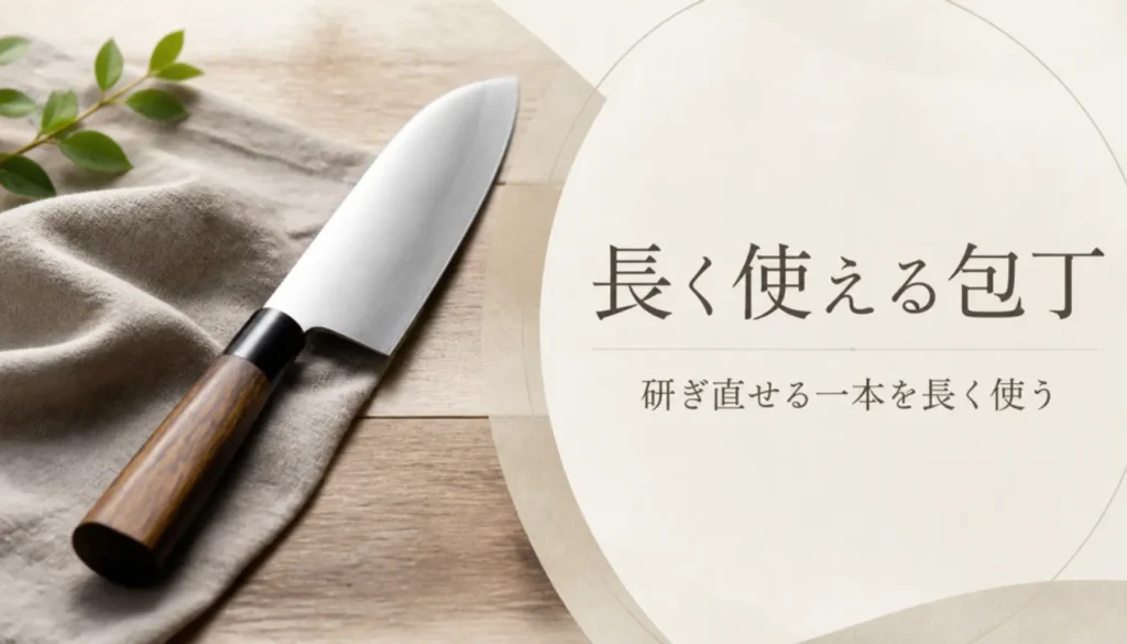 木の柄がついた三徳包丁の全体像