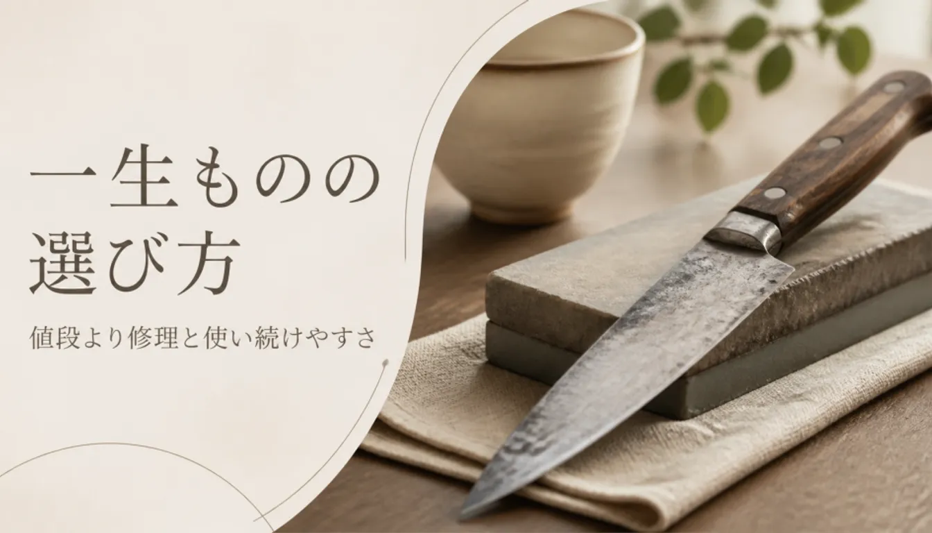 使い込まれた木柄の包丁と砥石