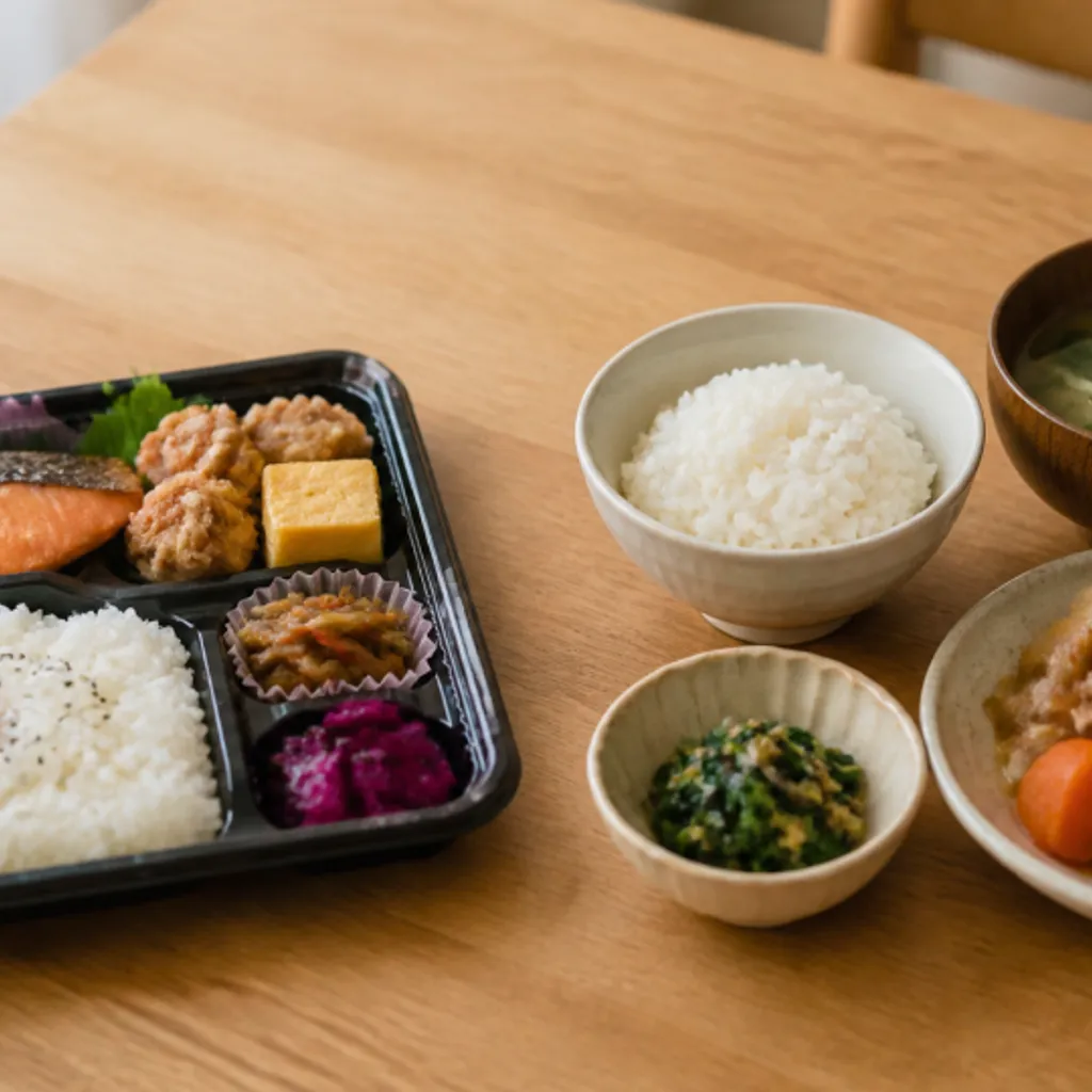 コンビニ弁当と手作りの一食を並べて比べた様子