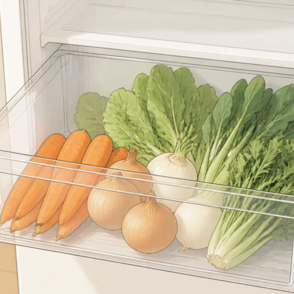 にんじんや葉物が入った冷蔵庫の野菜室