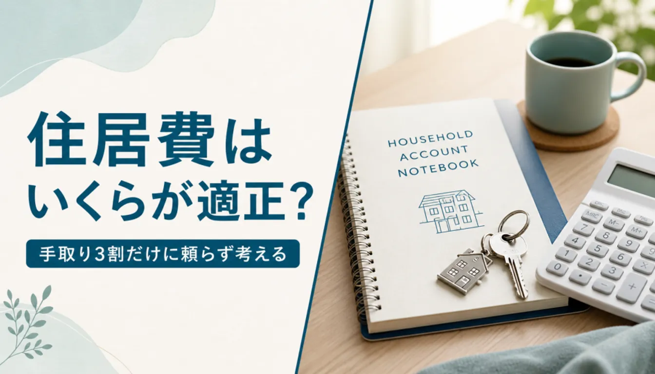 家計簿と部屋の鍵、電卓を並べた住居費の見直しイメージ