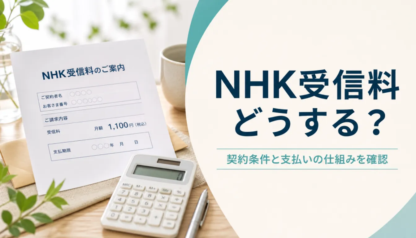 受信料の払込用紙と電卓を並べた家計チェックの様子