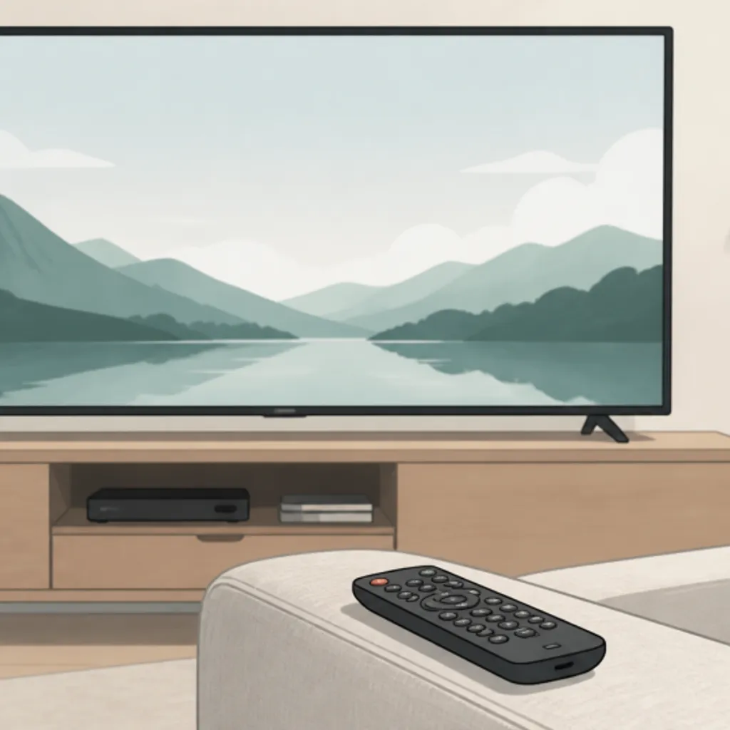 リビングのテレビとひじ掛けに置かれたリモコン