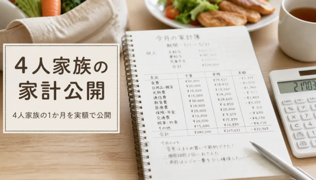 レシートと電卓を添えた手書きの家計簿ノート