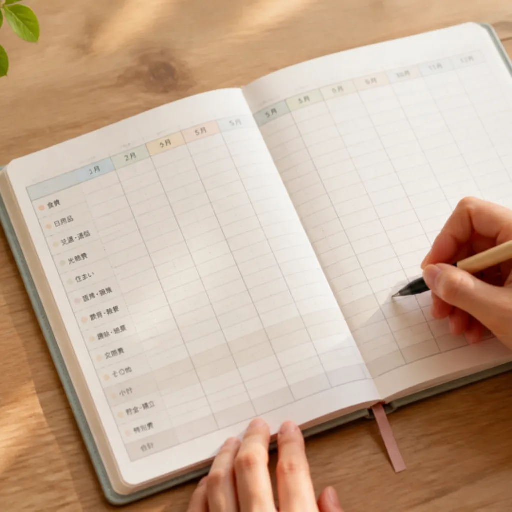 費目ごとの予算欄を書き込んだ家計簿とペン
