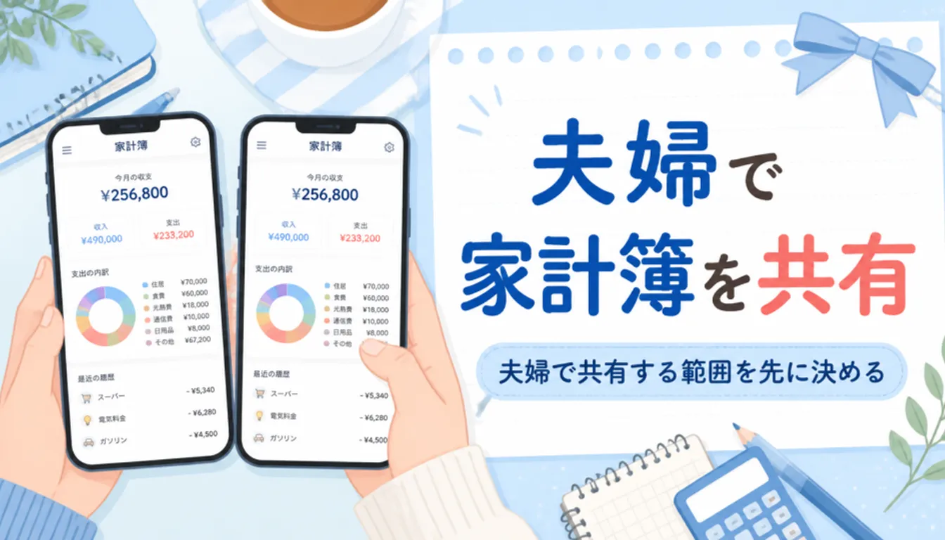 夫婦で共有する家計簿アプリを表示した2台のスマートフォン