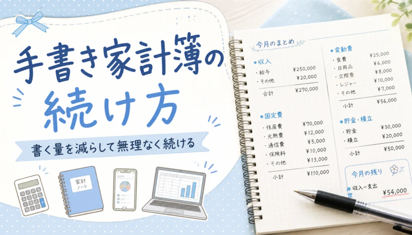 ボールペンを添えた手書きの家計簿ノート