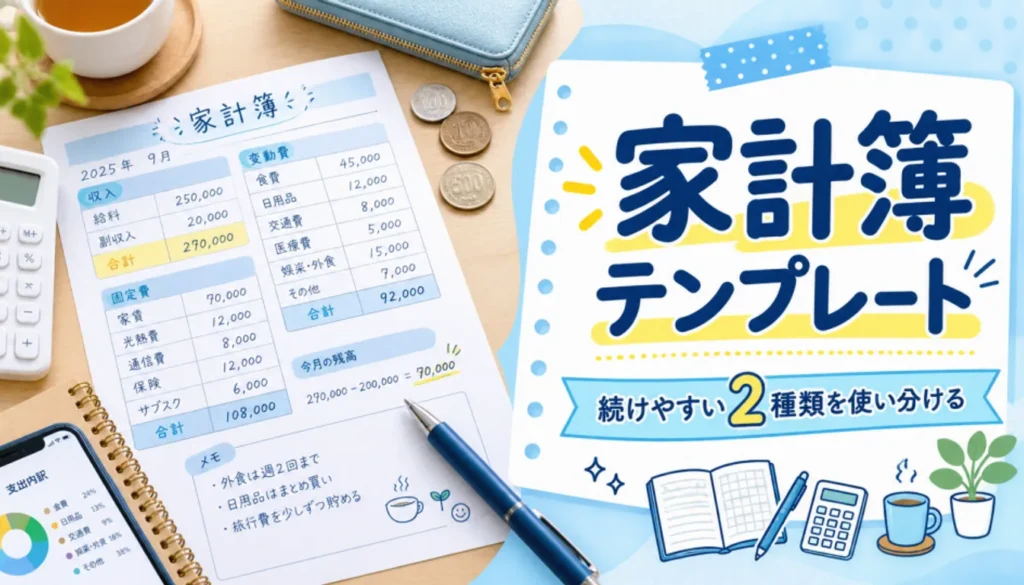 手書きの数字が並ぶ家計簿の用紙とペン