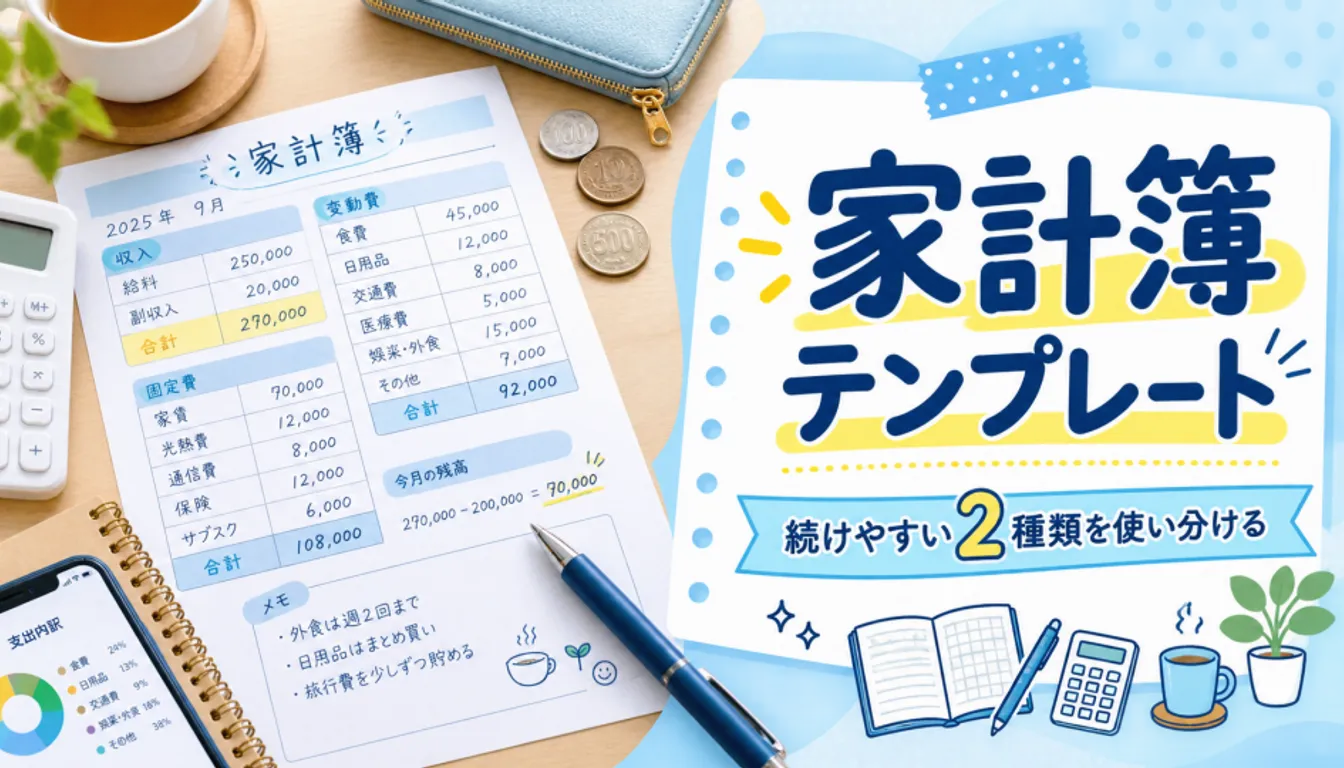 手書きの数字が並ぶ家計簿の用紙とペン