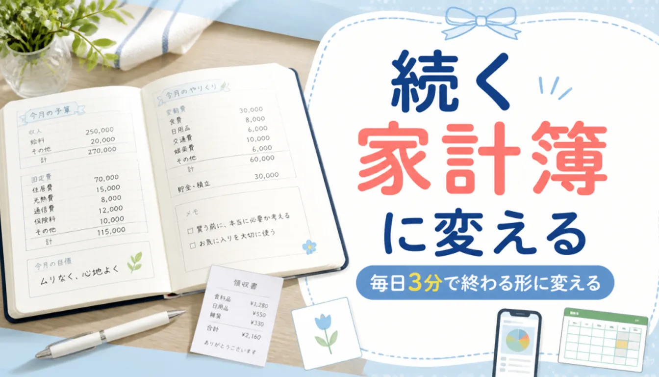 開いた家計簿ノートとペン、小さなレシート