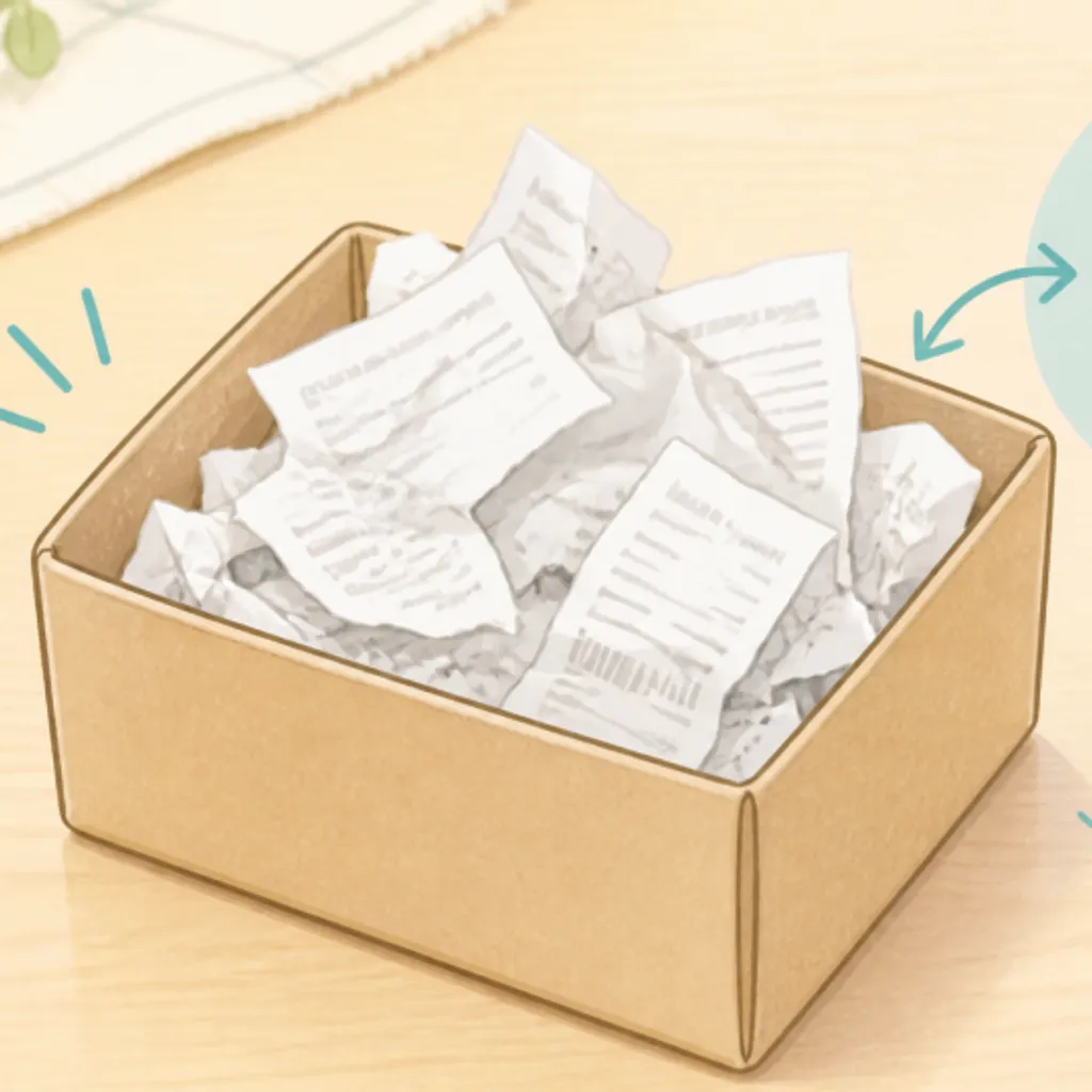 レシートをまとめて入れた紙の小箱