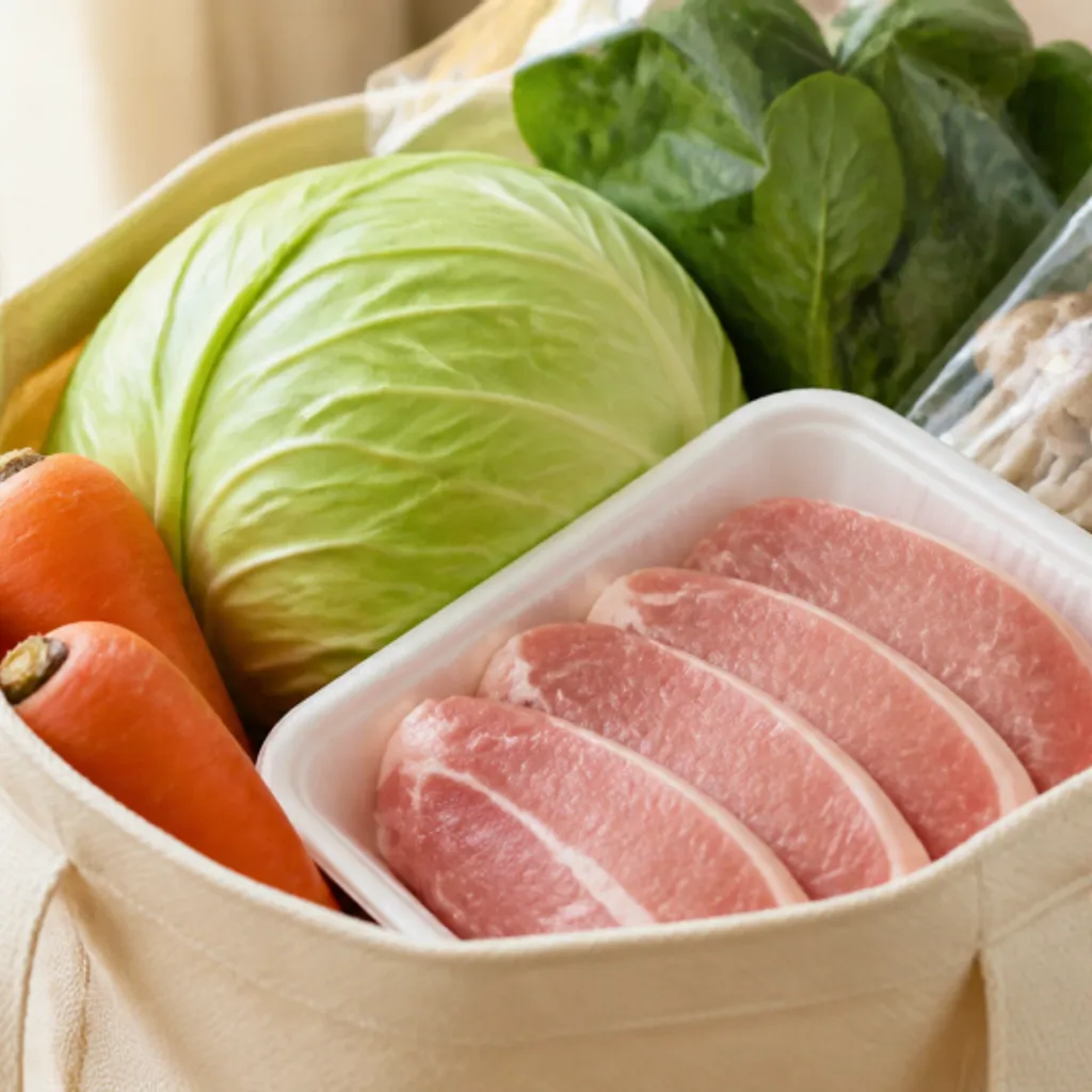 まとめ買いした野菜や肉が入ったエコバッグ