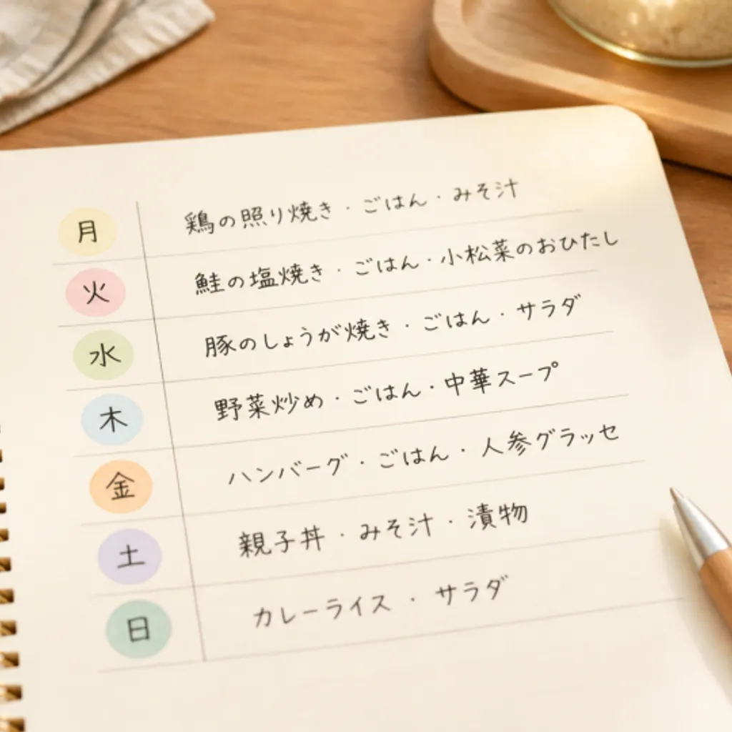 月曜から日曜までの献立を書き込んだノート