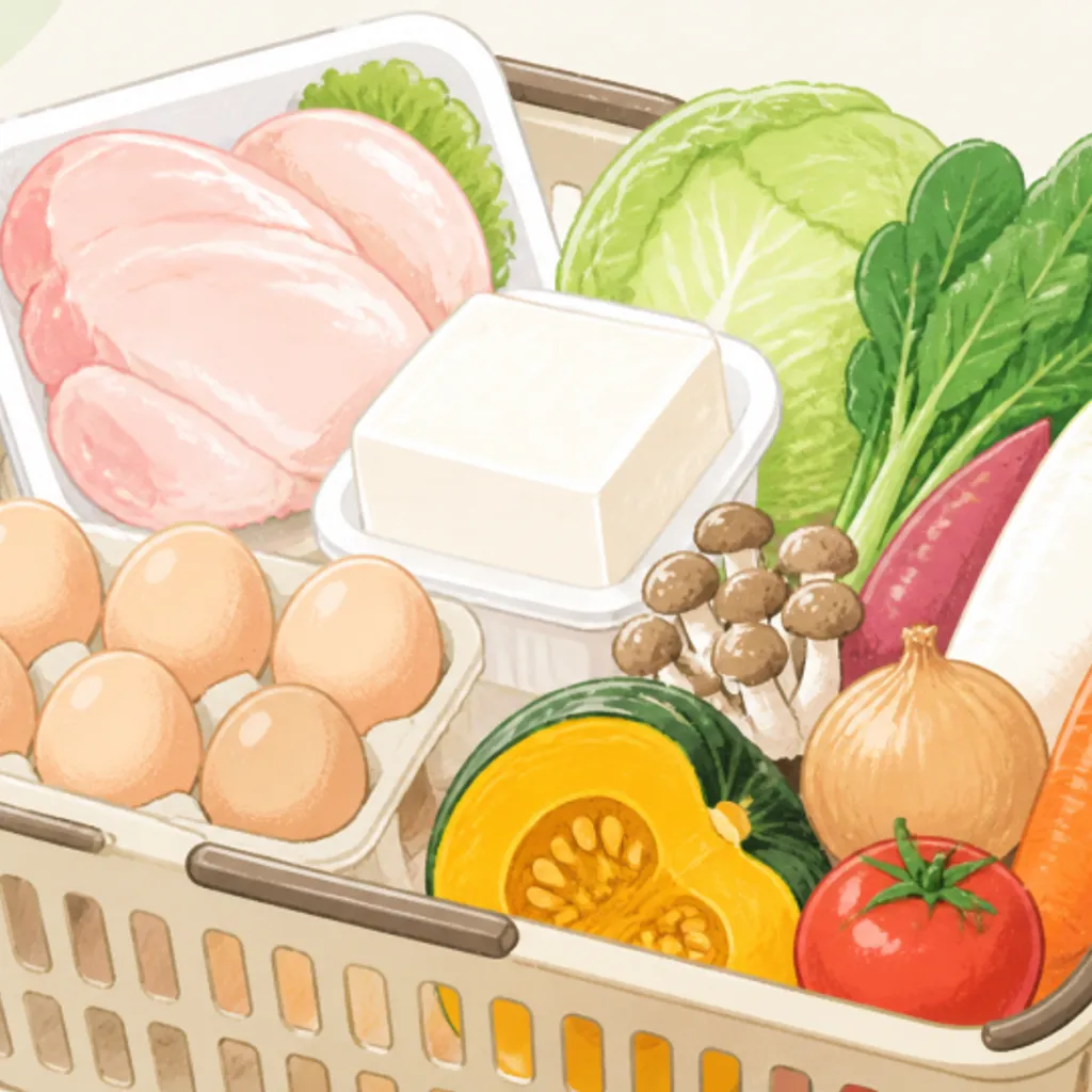 鶏肉や豆腐、卵と野菜が入った買い物かご