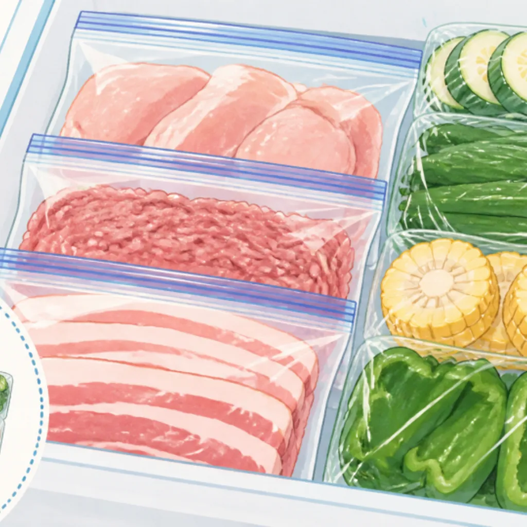 小分け冷凍した肉と紙で包んだ夏野菜の保存の様子