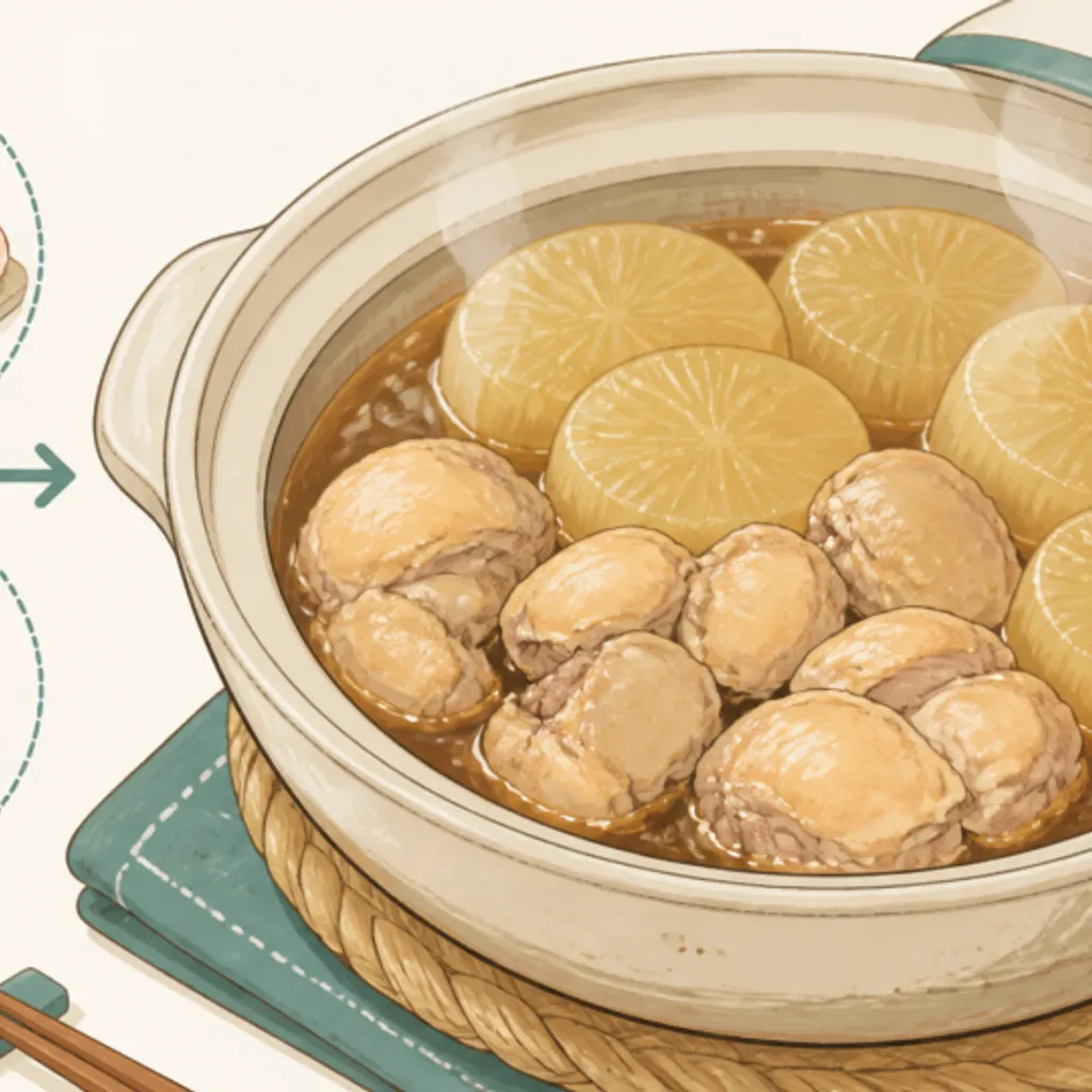 鶏もも肉と大根をこっくり煮込んだ土鍋の煮物
