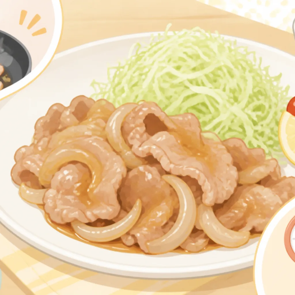 千切りキャベツを添えた豚こまの生姜焼きの皿