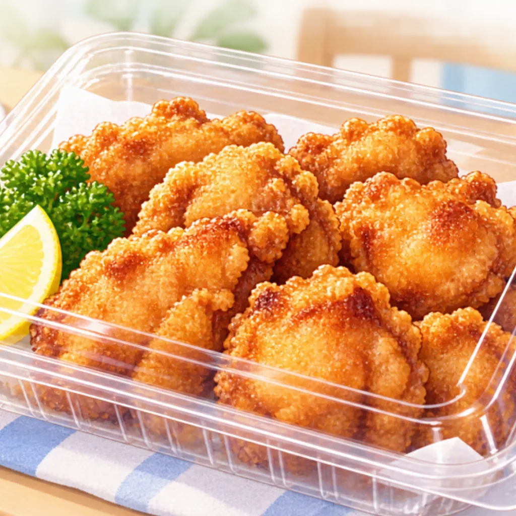 透明なふた付きの容器に入ったスーパーの惣菜唐揚げ