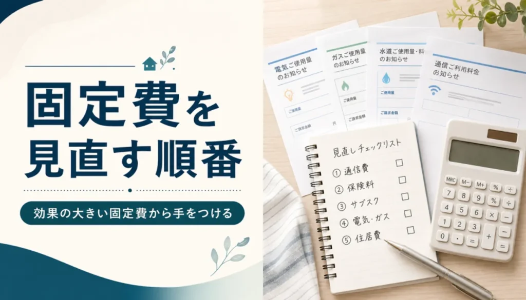 公共料金の請求書と電卓、手書きのチェックリスト