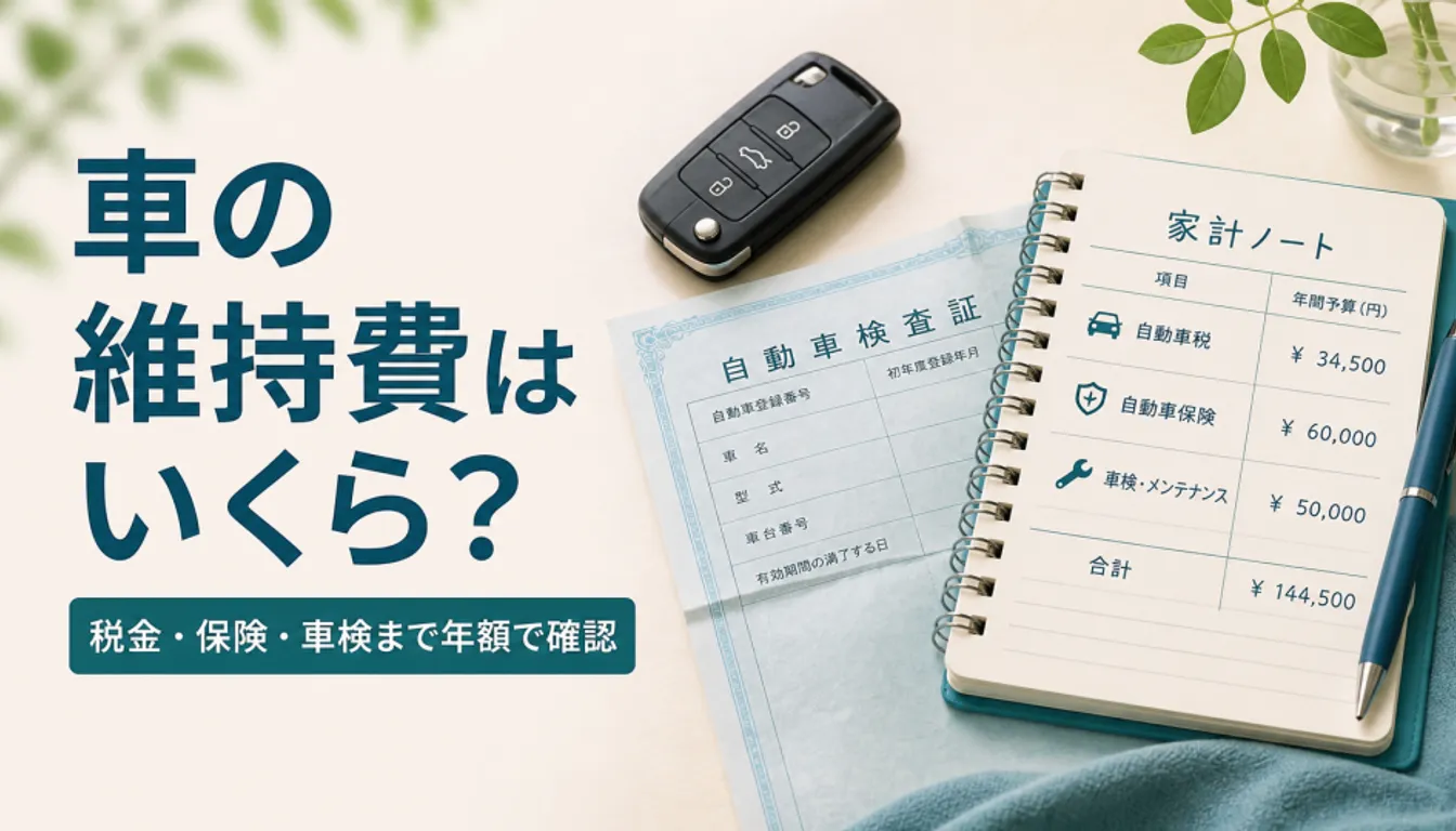 車の鍵と車検の明細書、家計簿ノート