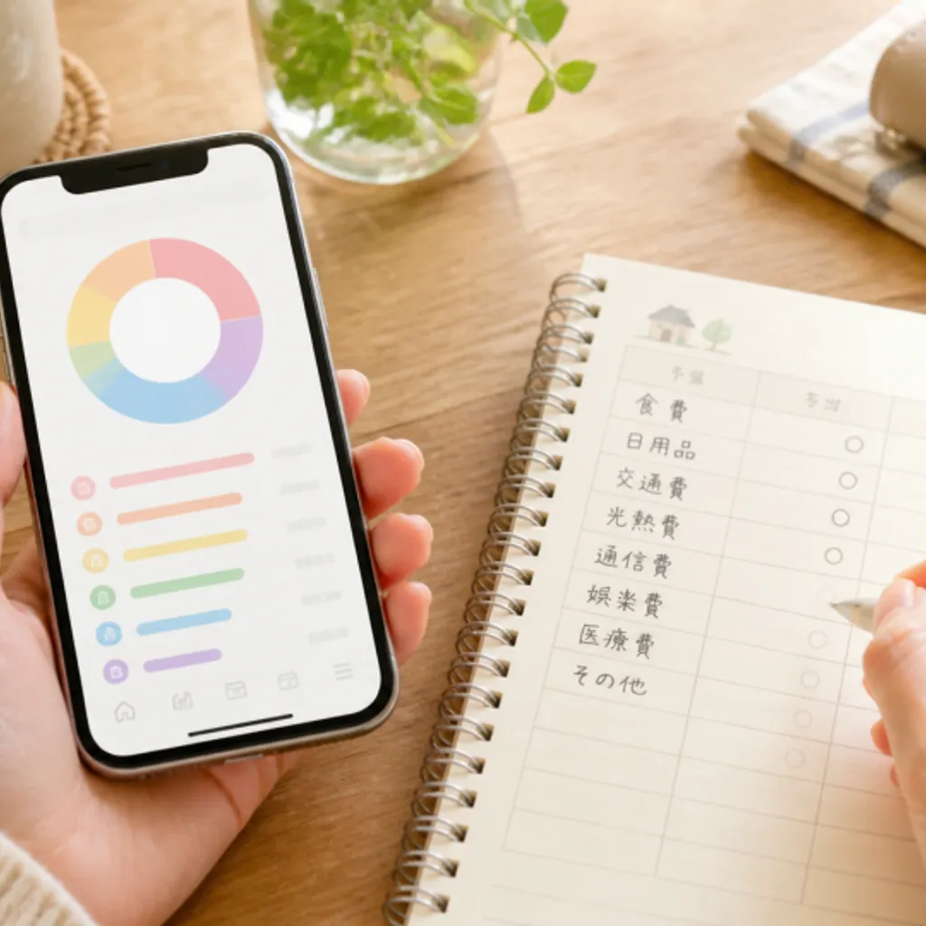 家計簿アプリを開いたスマホと手書きの家計簿