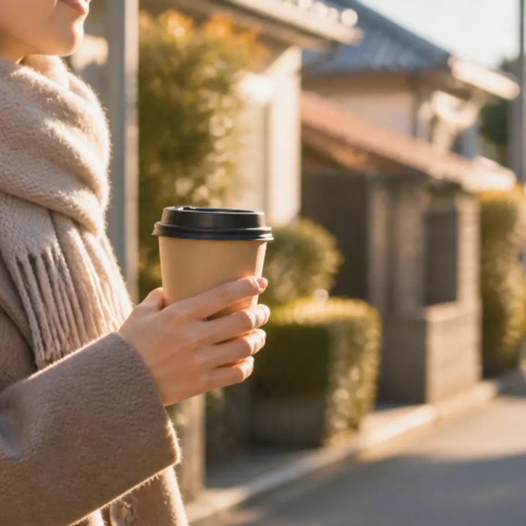 散歩の途中で手にした温かいコーヒーのカップ