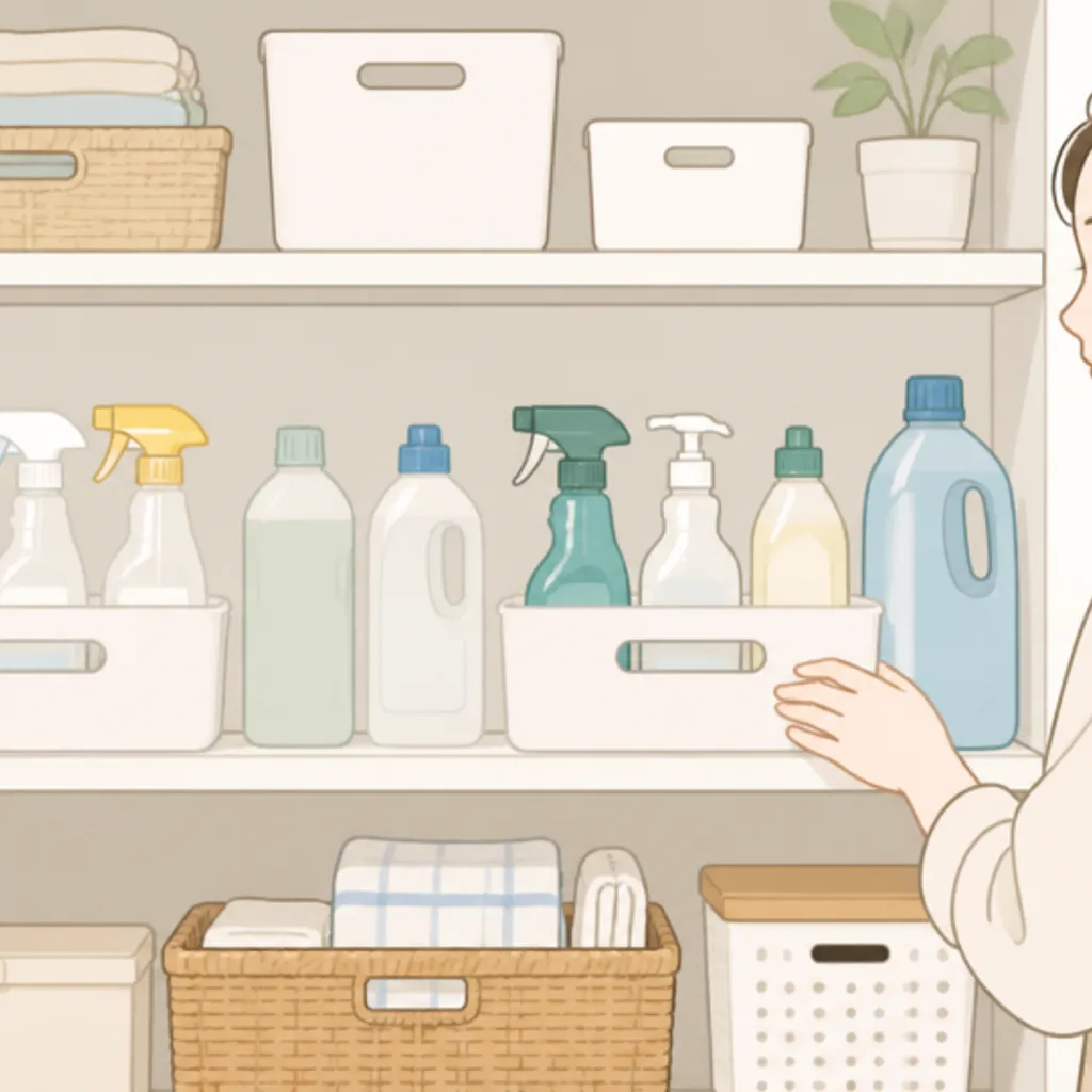 日用品のストックを一段にまとめた収納棚の様子