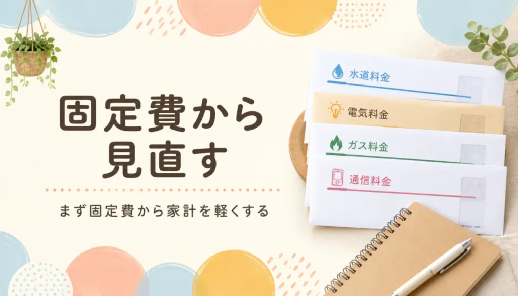 公共料金の封筒とノートを並べた家計見直しのイメージ