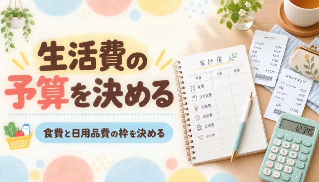 家計簿とレシート、電卓を並べた食費管理のイメージ
