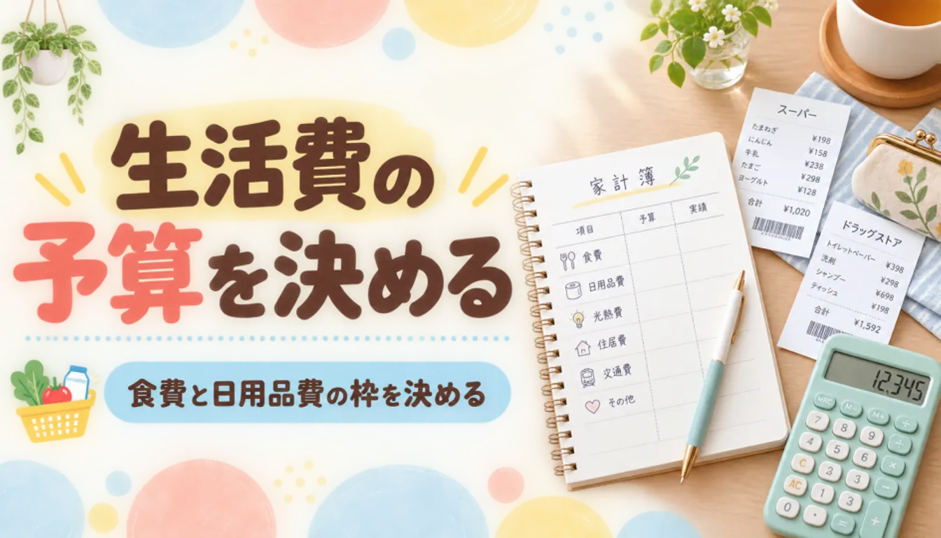 家計簿とレシート、電卓を並べた食費管理のイメージ