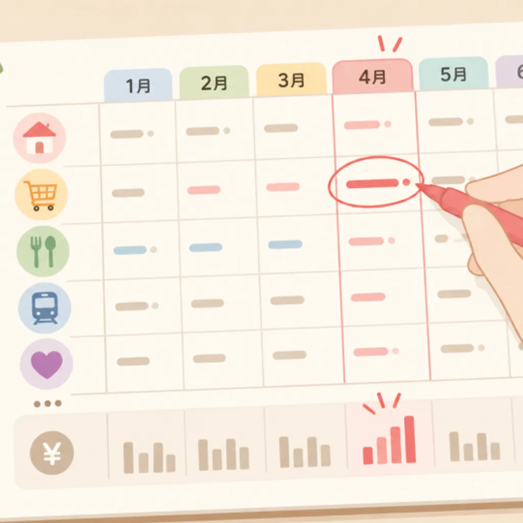 使いすぎた月に印をつけた月間予算表