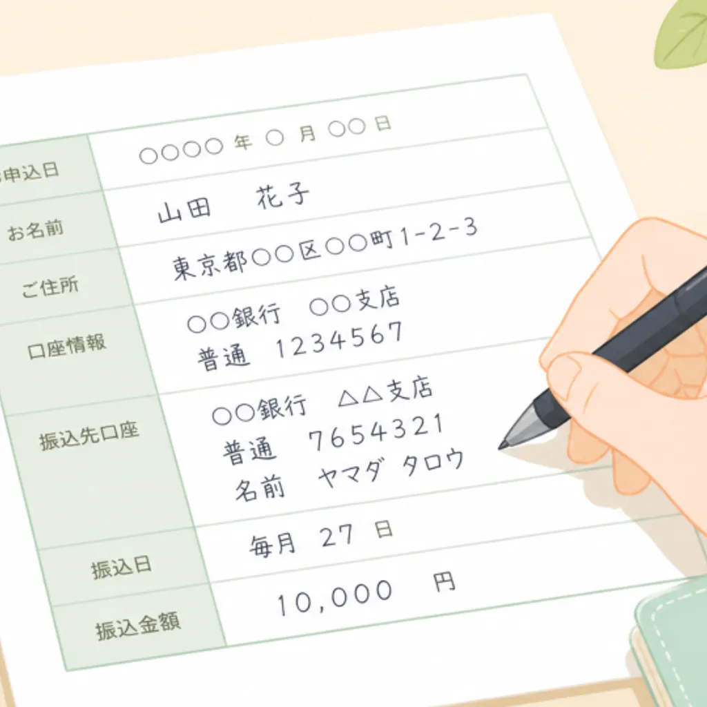 金額を書き込んだ銀行の自動積立申込書