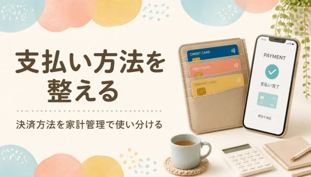 財布に入った3枚のカードと決済アプリを表示したスマートフォン