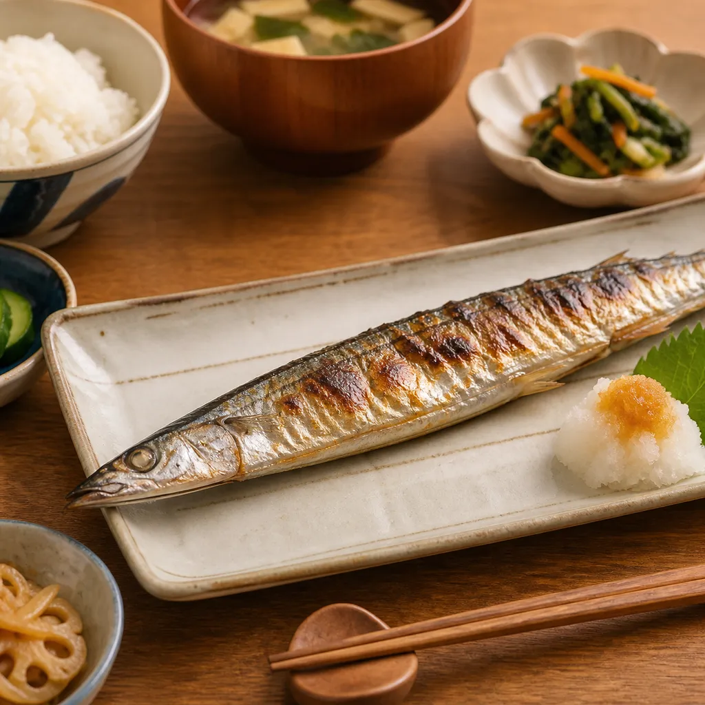 A grilled whole sanma fish served on a plate with grated daikon radish, Japanese home dinner table setting