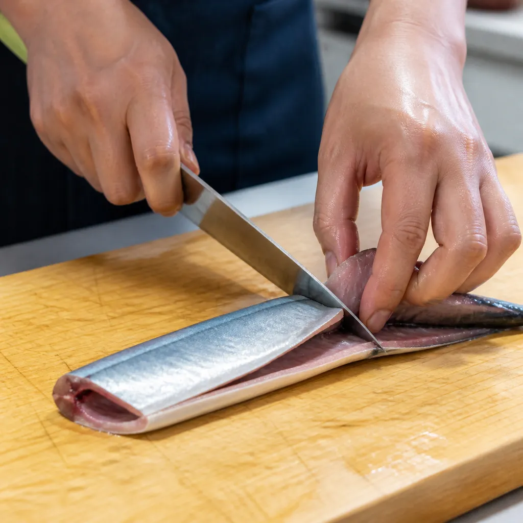 Close-up of hands filleting a sanma fish on a cutting board, showing the head removed and knife in motion, home kitchen