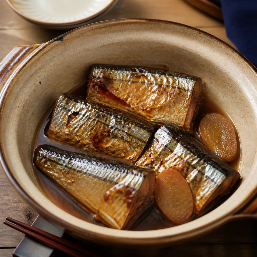 A simmered sanma dish in a pot with sweet soy sauce glaze, chopsticks beside it, Japanese home cooking