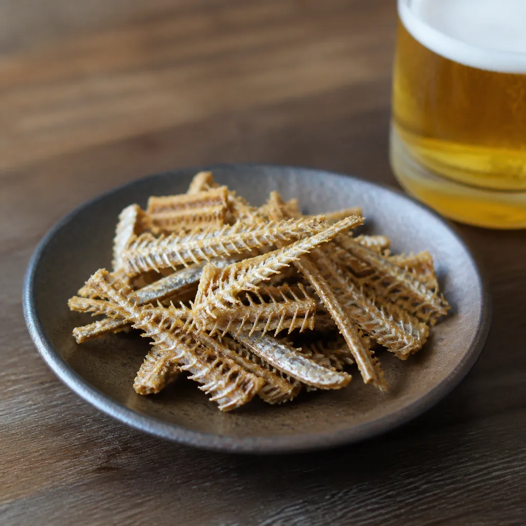 Crispy fried sanma fish bones (hone senbei) served as a snack on a small plate with a beer glass nearby