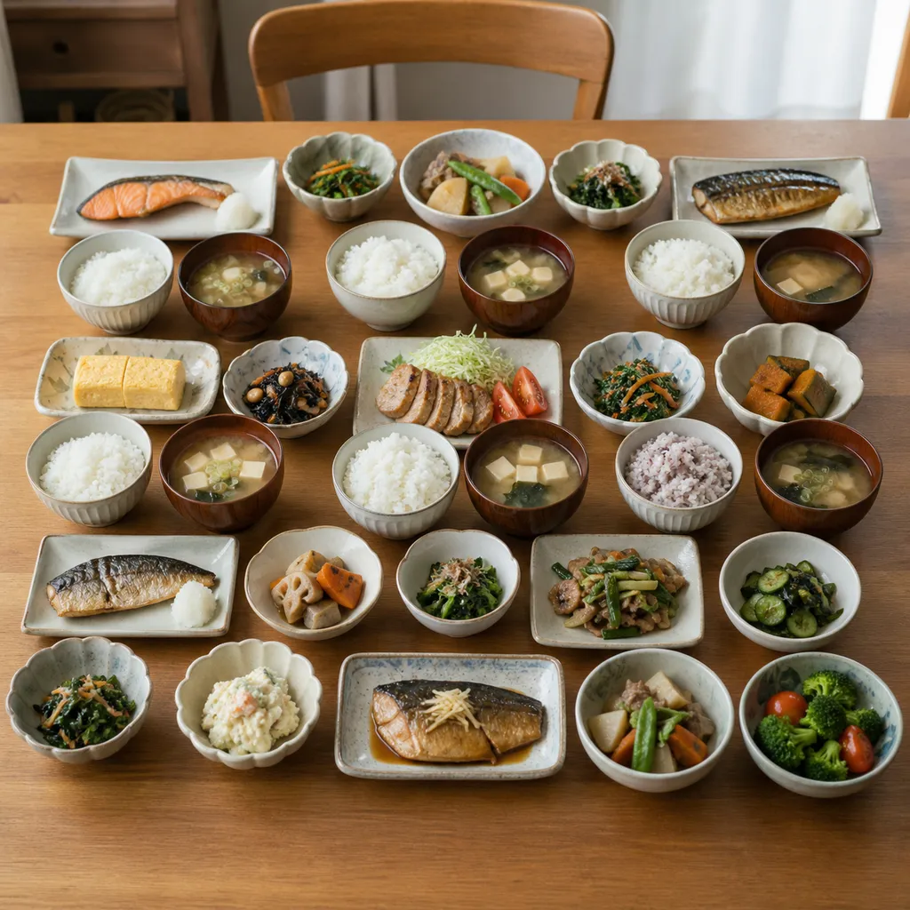 A week's worth of Japanese home meals laid out on a table, small dishes including grilled fish, soup, and rice, meal planning concept