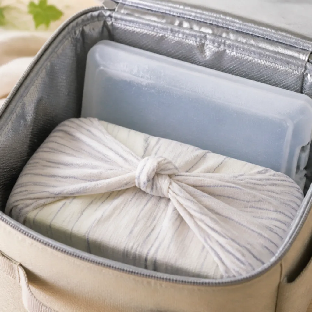 保冷剤と一緒にお弁当を入れた夏用の保冷バッグ