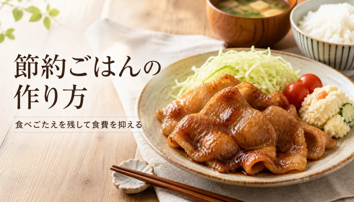豚肉と丼が並んだ節約ご飯の食卓